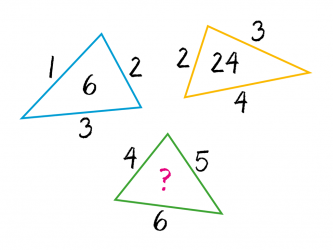 Головоломка с числами треугольники: разгадайте какое число должно стоять вместо знака вопроса.