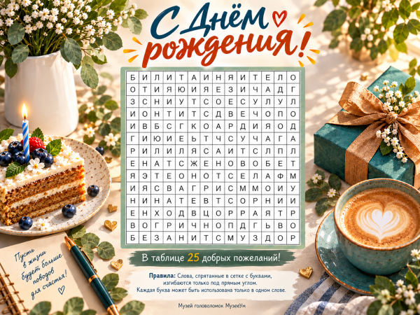 Красивая открытка-головоломка С днем рождения с пожеланиями