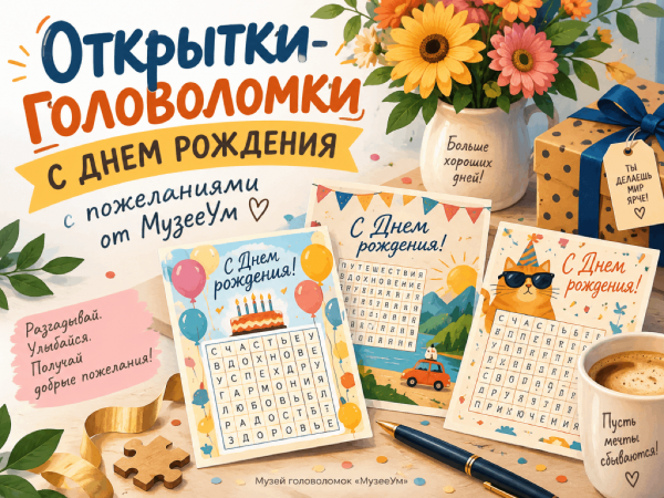 Открытки с днем рождения с головоломками и пожеланиями. Бесплатно скачивайте красивые картинки для поздравления.
